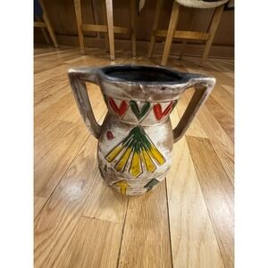 Vintage Hand Painted Ceramic Vase Tribal Geometric Motif Double Handle 6.5 Inch